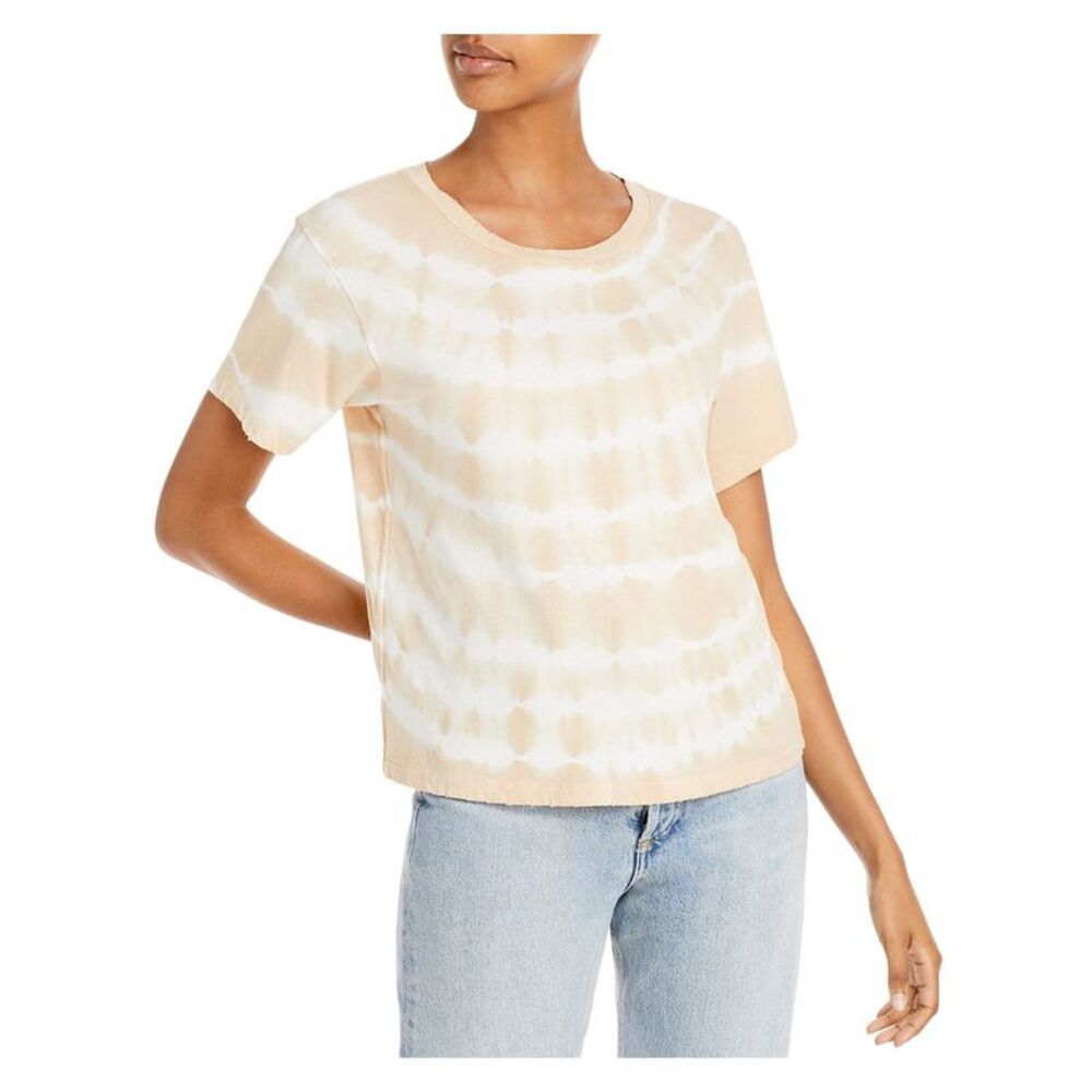 AMO Womens Beige Distressed Tie Dye Short Sleeve Crew Neck T-Shirt XS